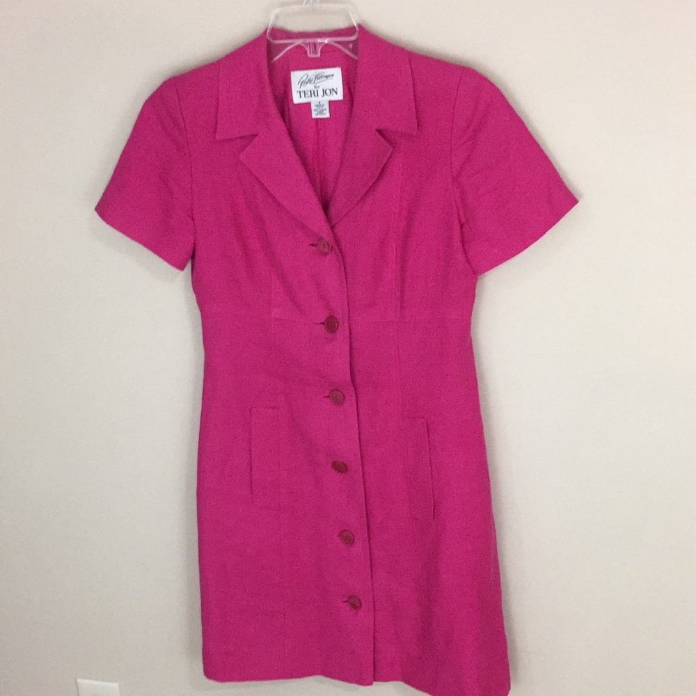 Rickie Freeman for Teri Jon Hot Pink Button-Front Short Sleeve Dress linen